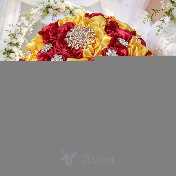 Handmade Satin Ribbon Rose Bridal Bouquet With Rhinestones