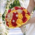 Handmade Satin Ribbon Rose Bridal Bouquet With Rhinestones