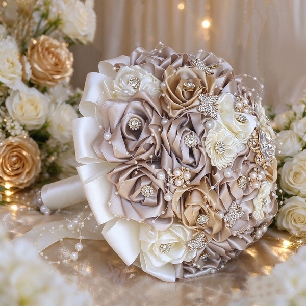 3D Ribbon Butterfly Rhinestone Beaded Bridal Bouquet