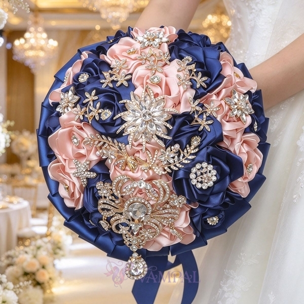 Navy Satin Rose Rhinestone Crystal Bridal Bouquet