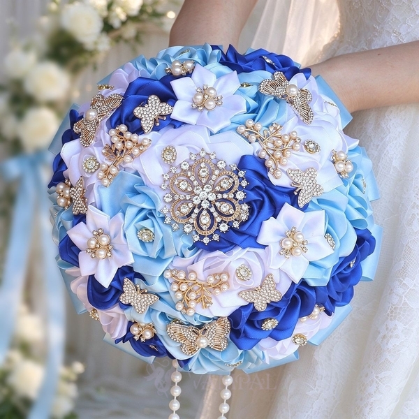 Satin Bridal Bouquet With Butterfly Rhinestone Pearls