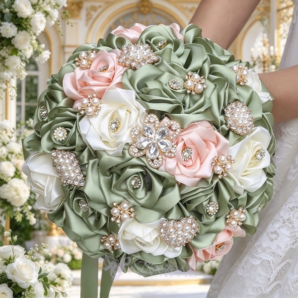 Ramo de novia de rosa de cinta de satén 3D con perlas y rhinestones