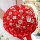 Romántico ramo de novia de rosa de cinta de satén faux rojo con perlas y rhinestones