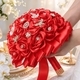 Romántico ramo de novia de rosa de cinta de satén faux rojo con perlas y rhinestones