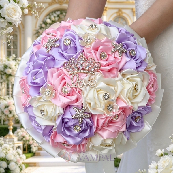 Ramo de novia de rosa de satén 3D con rhinestones