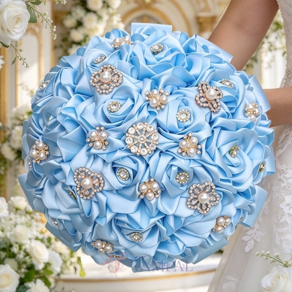 Ramo de novia de rosa de cinta azul claro con perlas y rhinestones