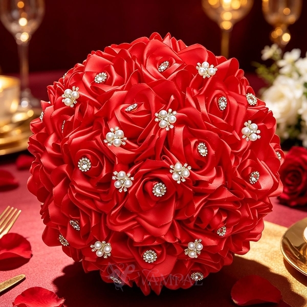 Large Red Ribbon Rose Bridal Bouquet With Rhinestones