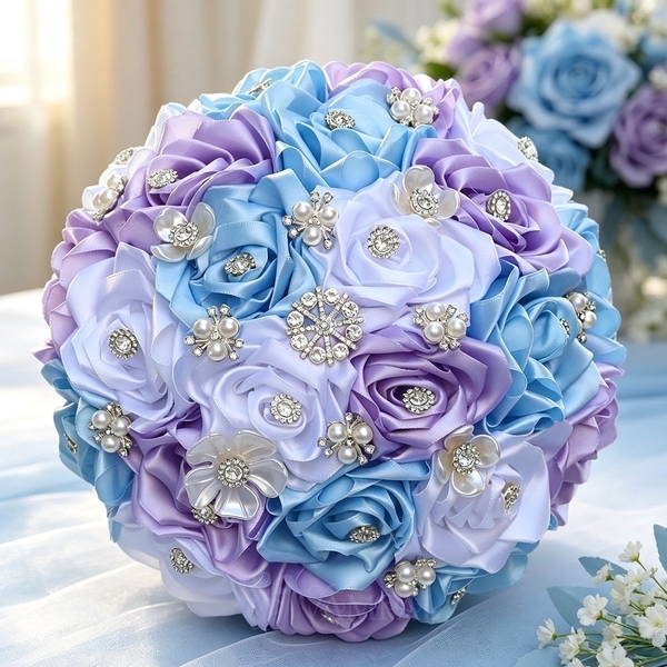 Ramo de novia de rosa de cinta de satén con rhinestones plateados