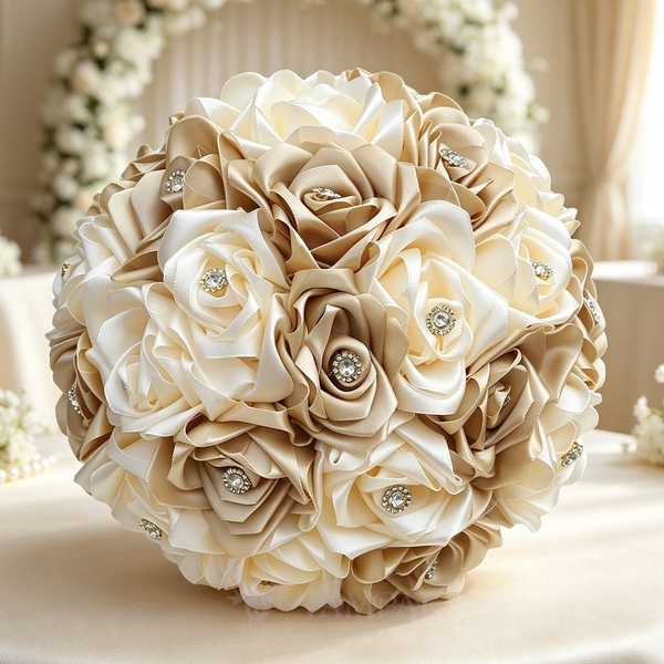 3D Ribbon Rose Bouquet With Gold Rhinestones