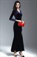 Navy Blue V-Neck Long Sleeve Ruched Sheath Prom Dress With Split