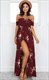 Rotes schulterfreies Maxi-Kleid mit Kap-Ärmeln, Raffungen und Print