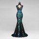 Grünes luxuriöses Meerjungfrau-Abend- und Abschlussballkleid mit Glitzer, Diamanten, Perlen und V-Ausschnitt