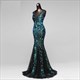 Grünes luxuriöses Meerjungfrau-Abend- und Abschlussballkleid mit Glitzer, Diamanten, Perlen und V-Ausschnitt