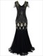  Vintage V-Neck Floor Length Sequin Maxi Dress With Sleeves