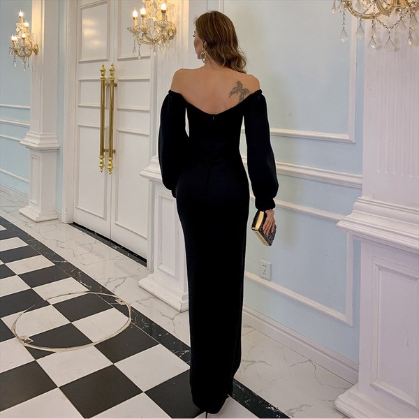 Black Off Shoulder Split Front Satin Prom Dress With Long Sleeves ...