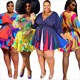 Floral Printed Long Sleeve Wrap V-Neck Pleated Plus Size Dress