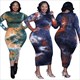 Tie Dye Printed Long Sleeve Plus Size Bodycon Midi Dress