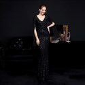 Robe de Soirée Sirène en Sequins à Col V avec Manches Longues