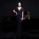 V-Neck Mermaid Sequin Backless Evening Dress With Beading