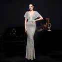 V-Neck Mermaid Sequin Backless Evening Dress With Beading