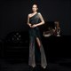 Ein-Schulter Pailletten Prom Dress mit Frontschlitz und Perlen
