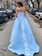 Blue A-Line Princess Spaghetti Strap Long Lace Prom Dress