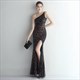 Long One Shoulder Sequin Overlay Split Front Prom Dress