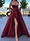 A-Line Satin Beaded V-Neck Spaghetti Strap Split Front Prom Dress