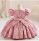 Jacquard verziertes Blumenmädchenkleid mit Puffärmeln