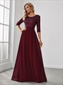 Vestido de noche al por mayor con patchwork, elegante cuello redondo y lentejuelas
