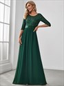 Vestido de noche al por mayor con patchwork, elegante cuello redondo y lentejuelas