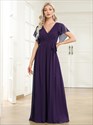 A Line Wholesale Bridesmaid Dresses With Deep V Neck Ruffles Sleeves