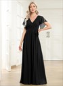 A Line Wholesale Bridesmaid Dresses With Deep V Neck Ruffles Sleeves