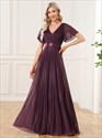 Robes de soirée en gros col V profond manches à volants ligne A