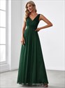 Vestidos de noche brillantes al por mayor con doble cuello en V y hasta el suelo para fiesta