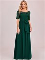 Robe de soirée maxi en gros élégante en dentelle et mousseline de soie avec ceinture pour femmes