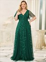 Robe de soirée col V profond en gros à sequins grande taille avec manches courtes