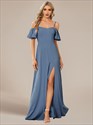 Vestidos de noche al por mayor de punto, hombros descubiertos, largo hasta el suelo, corte en A y sin mangas