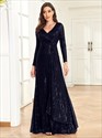 Cocktail Floor Length Dress, Women'S Clothing Sequins V Neck Evening Dress, Elegant Long Sleeve Waist Guest Prom