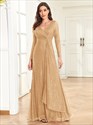 Cocktail Floor Length Dress, Women'S Clothing Sequins V Neck Evening Dress, Elegant Long Sleeve Waist Guest Prom