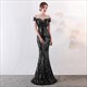 Off The Shoulder Floor-Length Sequin Gown With Boat Neck And Back Zipper