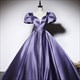Evening Dress Plus Size Party Dresses Up Floor-Length Fashion Satin Short Sleeves Pleat A-Line V-Neck Lace Woman Xe090 Purple
