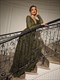 V-Neck Sequins Tie-Up Waist Pleated Gown Long Sleeve Party Dress