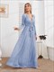 V-Neck Sequins Tie-Up Waist Pleated Gown Long Sleeve Party Dress