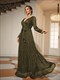 V-Neck Sequins Tie-Up Waist Pleated Gown Long Sleeve Party Dress