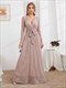 V-Neck Sequins Tie-Up Waist Pleated Gown Long Sleeve Party Dress