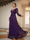 V-Neck Sequins Tie-Up Waist Pleated Gown Long Sleeve Party Dress