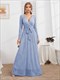V-Neck Sequins Tie-Up Waist Pleated Gown Long Sleeve Party Dress