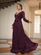 V-Neck Sequins Tie-Up Waist Pleated Gown Long Sleeve Party Dress