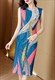 Ladies Abstract Printed Mid-Length Dresses Elegant Slim Casual Dress Miyake Pleated Office For Women O-Neck Sleeveless Female